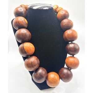 Chunky Wood Bead Necklace Oversized Round Beads Boho Artisan Statement Jewelry